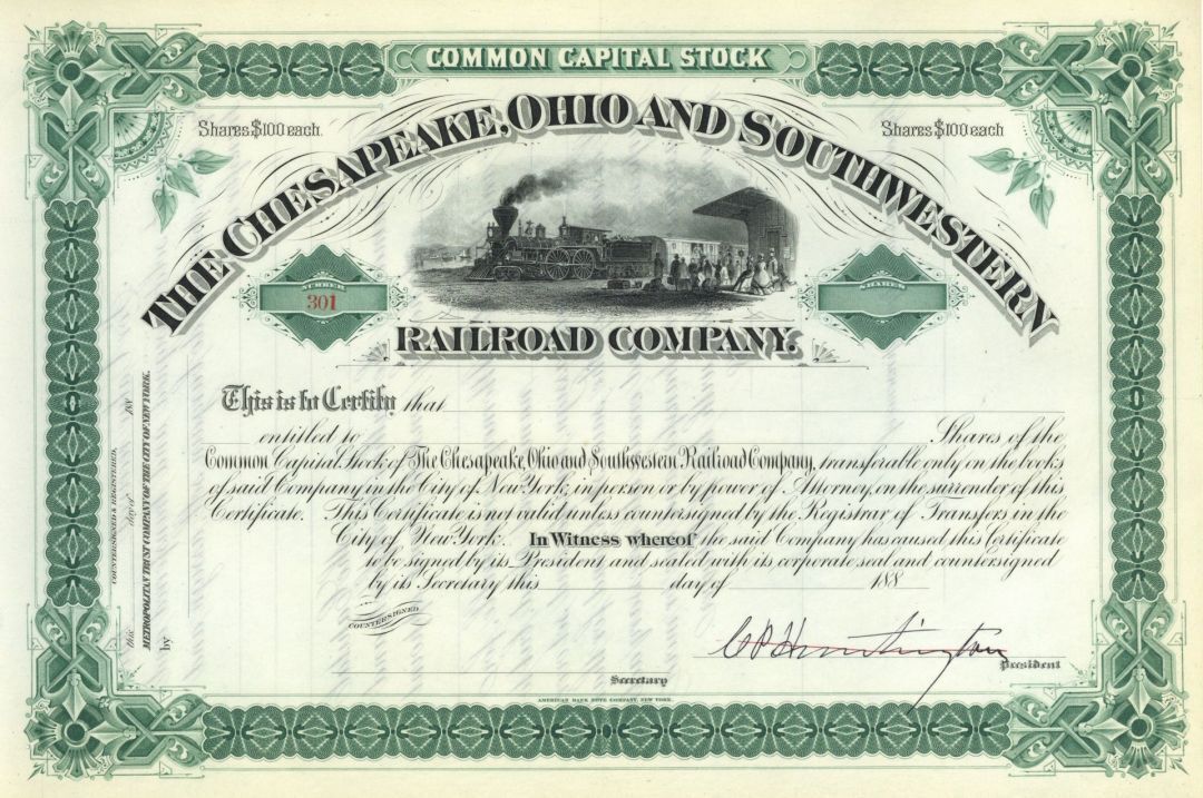Collis P. Huntington signed Chesapeake, Ohio & Southwestern Railroad - Autograph