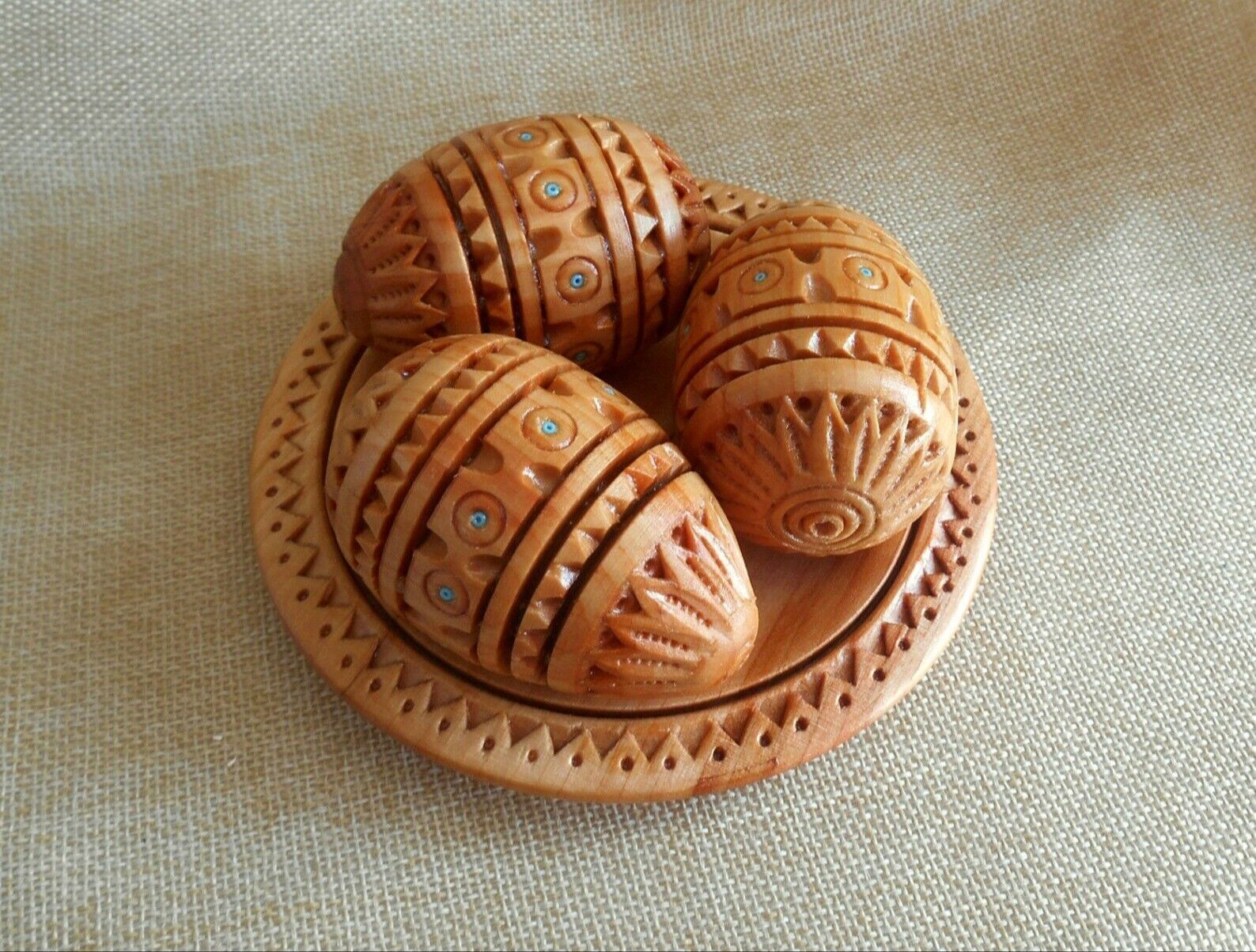 Set Carved Wooden Easter Eggs on Plate Handmade Ukrainian Pysanky Pysanka 5''