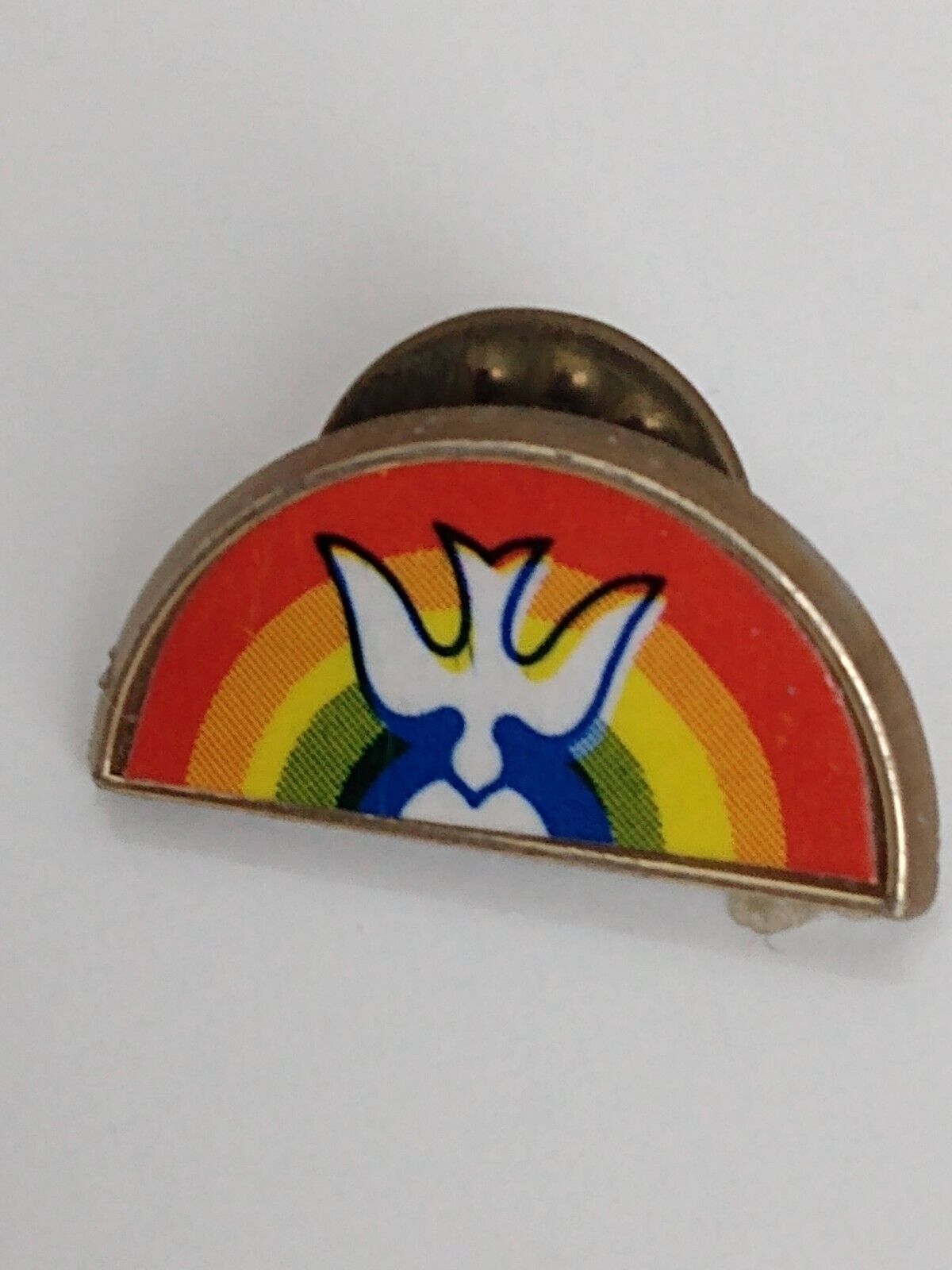 Small plastic Lapel Pin Rainbow with White Dove Bird