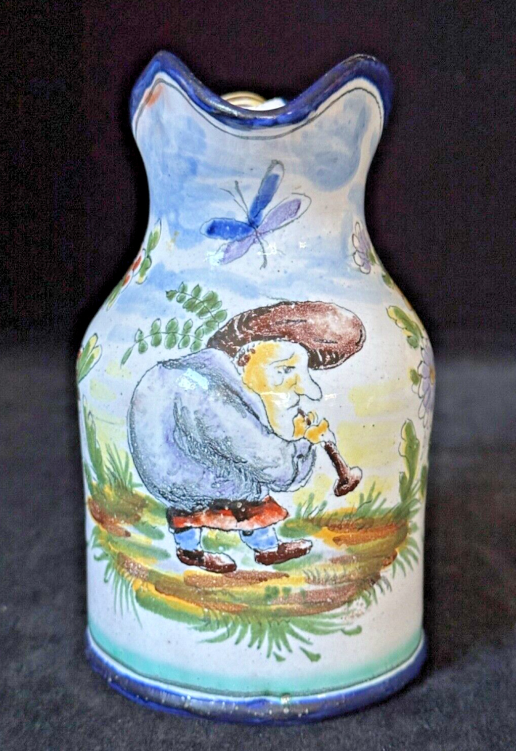 Nevers PITCHER signed F COTTARD French Faience DWARF WITH FLUTE in Meadow c1880