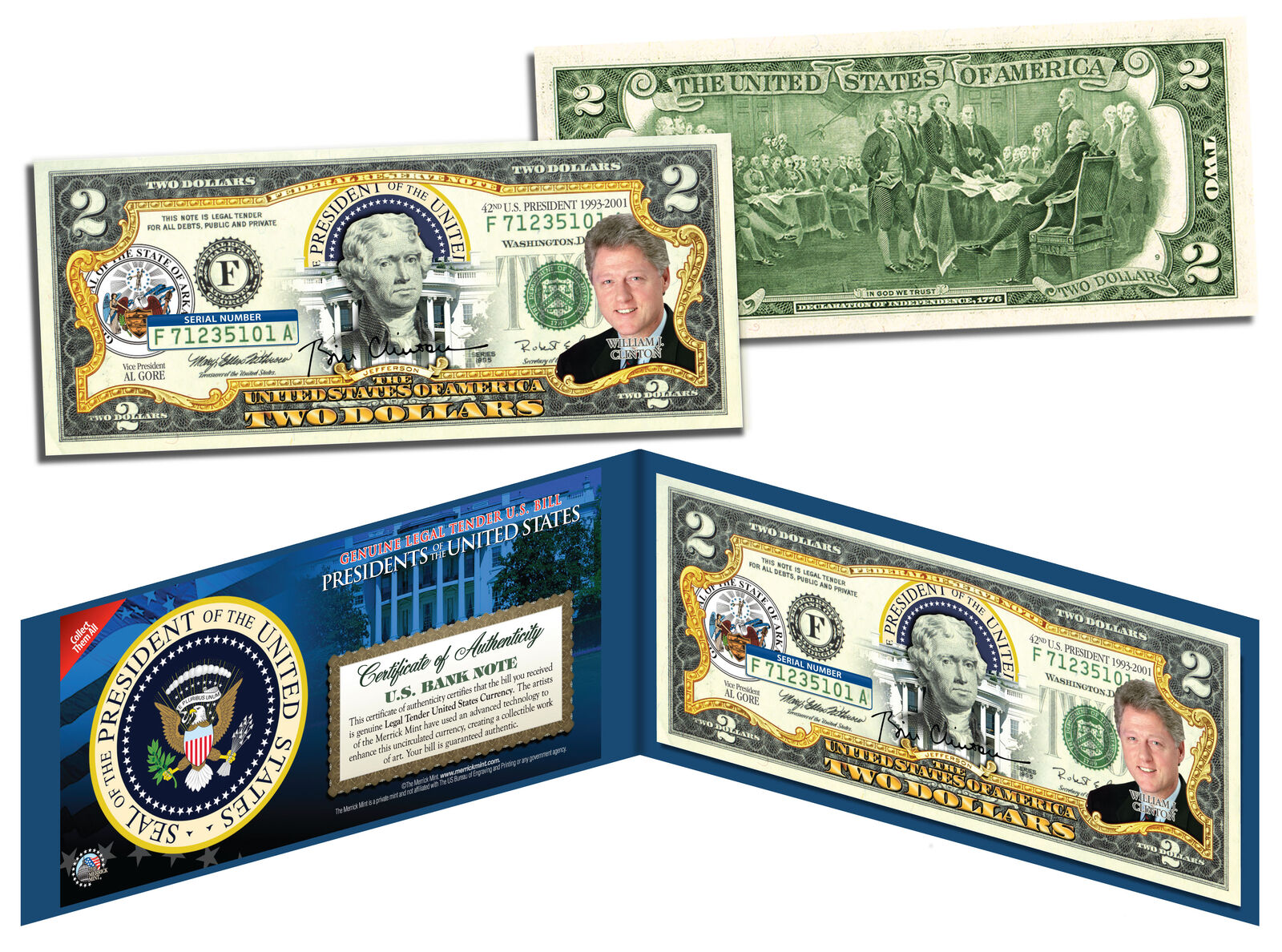 BILL CLINTON * 42nd U.S. President * Colorized $2 Bill US Genuine Legal Tender