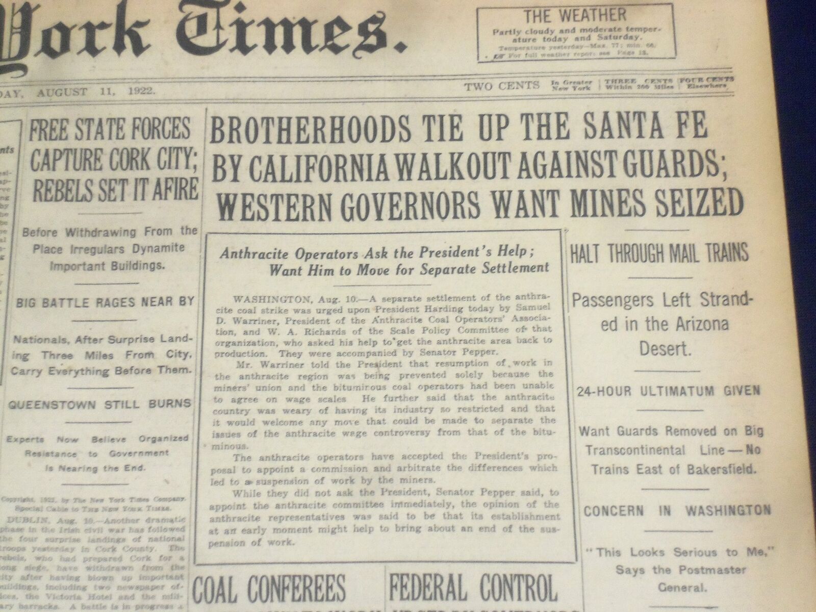 1922 AUGUST 11 NEW YORK TIMES - BROTHERHOODS TIE UP THE SANTA FE - NT 8369