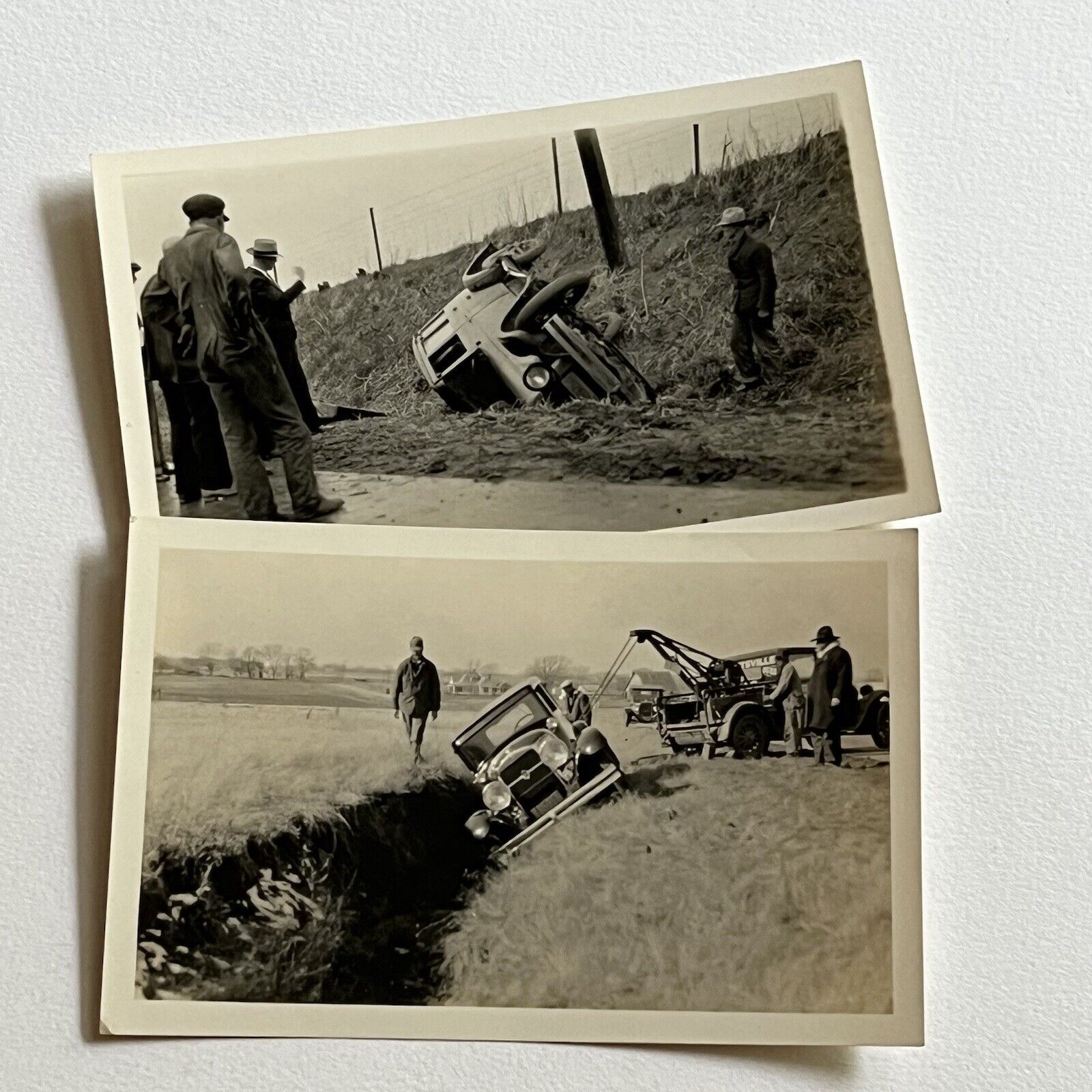 Vintage B&W Snapshot Photograph Studebaker Car Overturned Wrecked Tow Truck Set