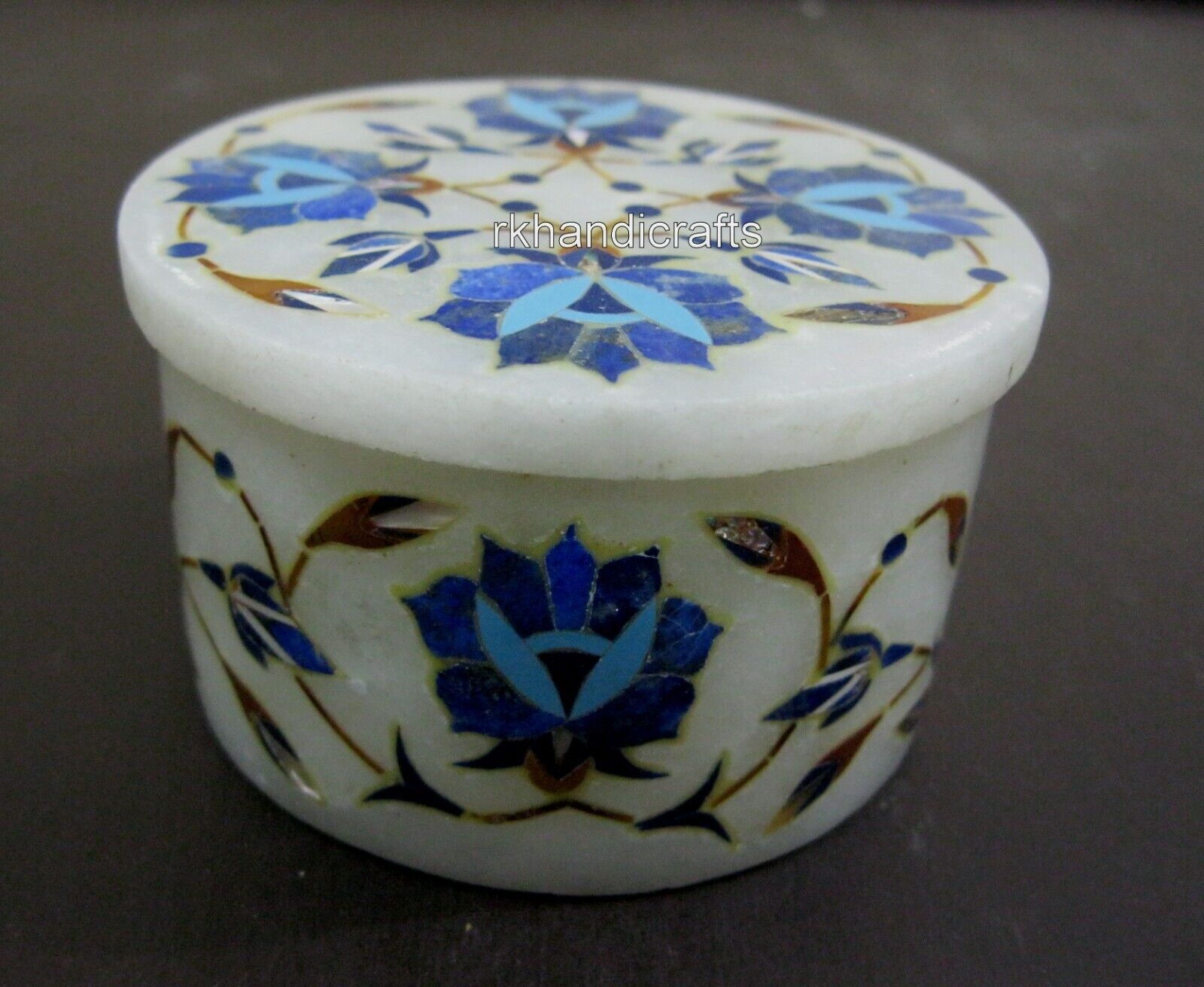 3 Inches Marble Trinket Box Inlaid with Floral Pattern from Indian Cottage Craft