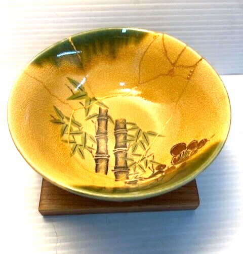 Kintsugi Style Japanese Repair Technique,handpainted ceramic gold/yellow bowl,VG