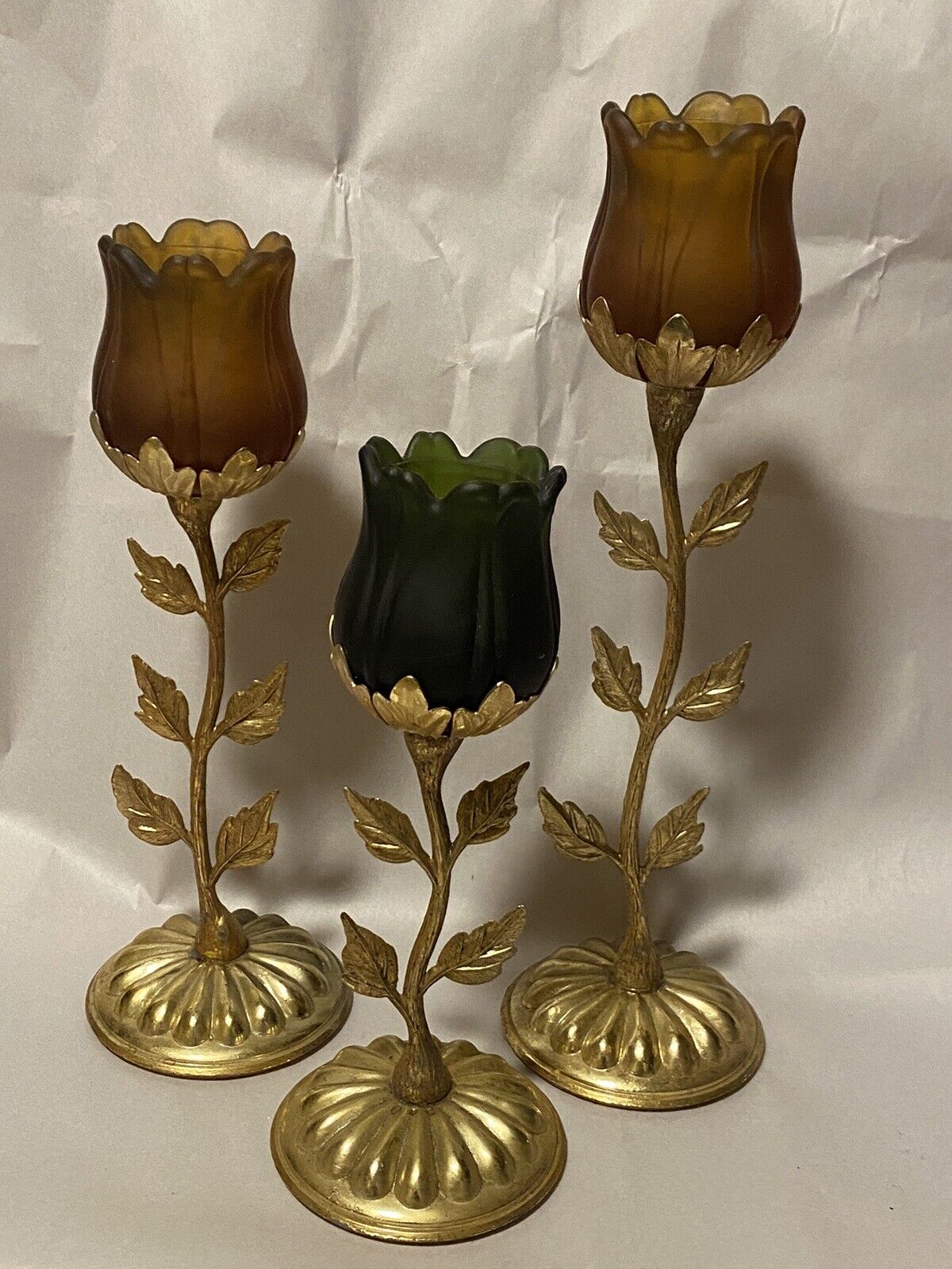 Set of 3 VTG Faroy Amber Satin Glass Tulip Votive Holders Gold Color Candlestick