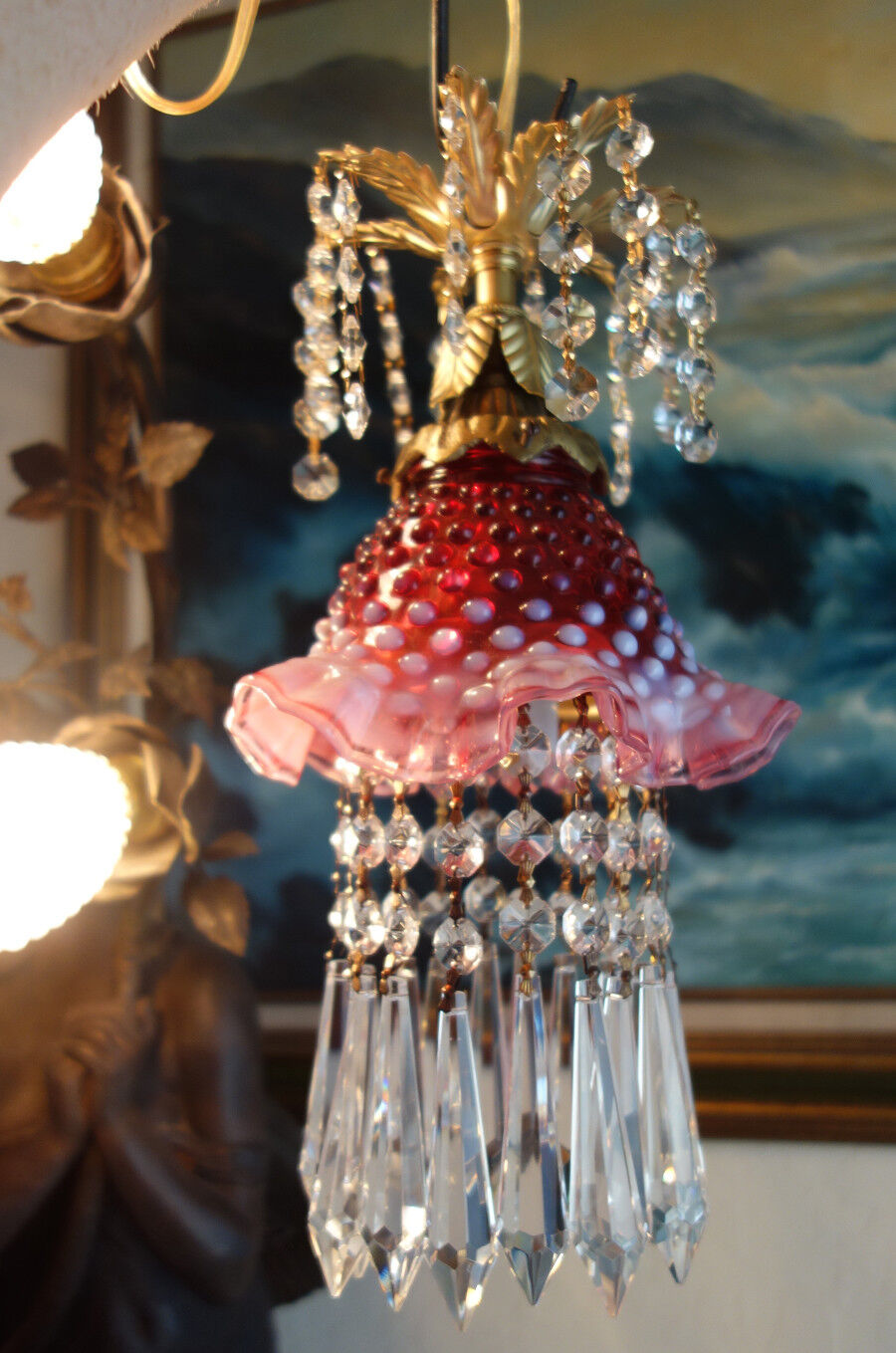 Vintage SWAG Fenton cranberry Jelly Fish insp. Glass hanging brass Lamp crystal