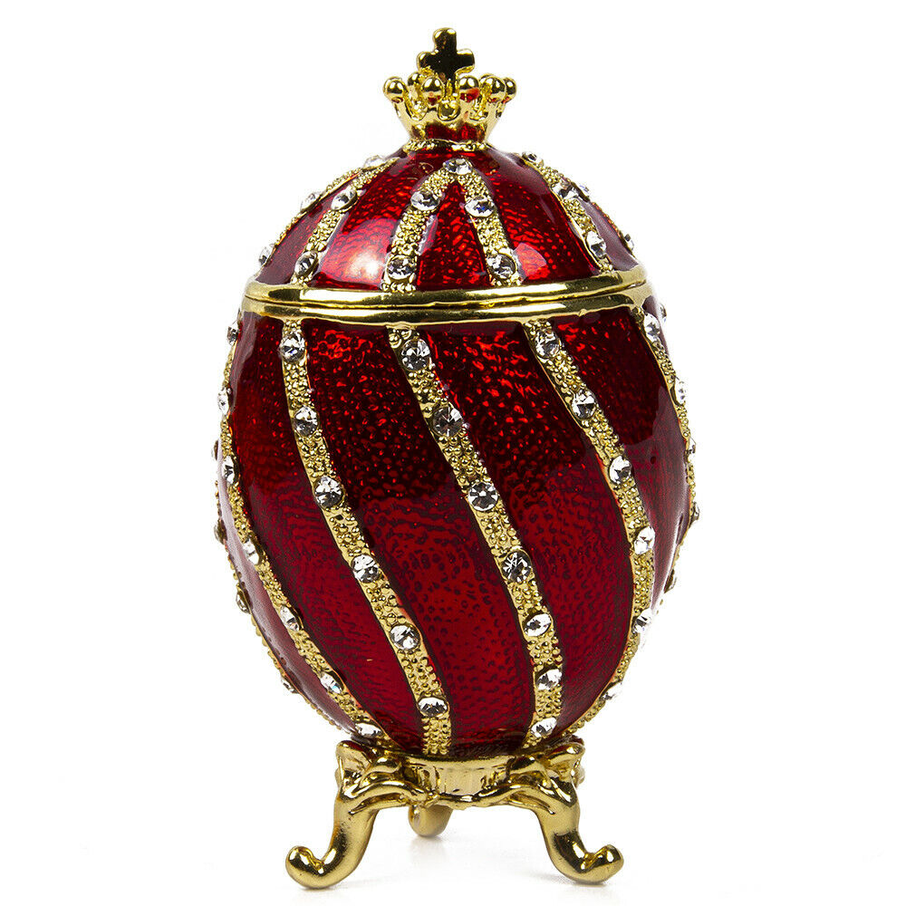Red Faberge Egg Replica w/Golden Crown Trinket Box, Easter Gift, 7.5 cm