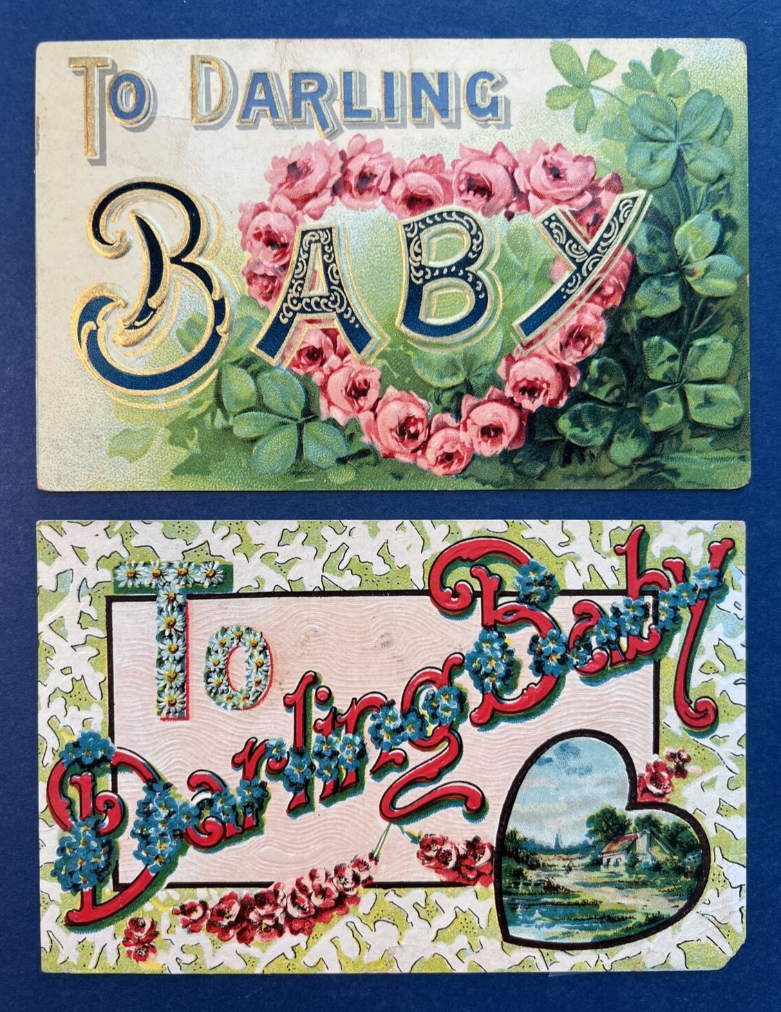 2 Family Greetings Antique Postcards. EMB w 1 Gold trim. To Darling Baby.