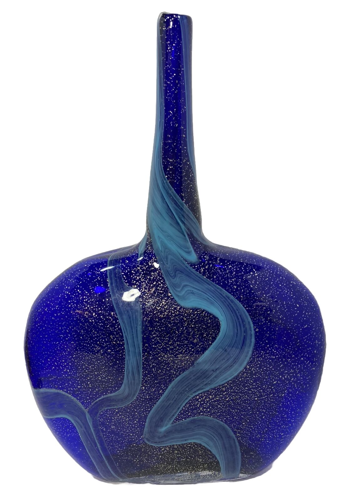 IMAX Home Large 15.75x10” Bottle Vase-Hand Blown-Cobalt Blue Swirl-Gold Flecks