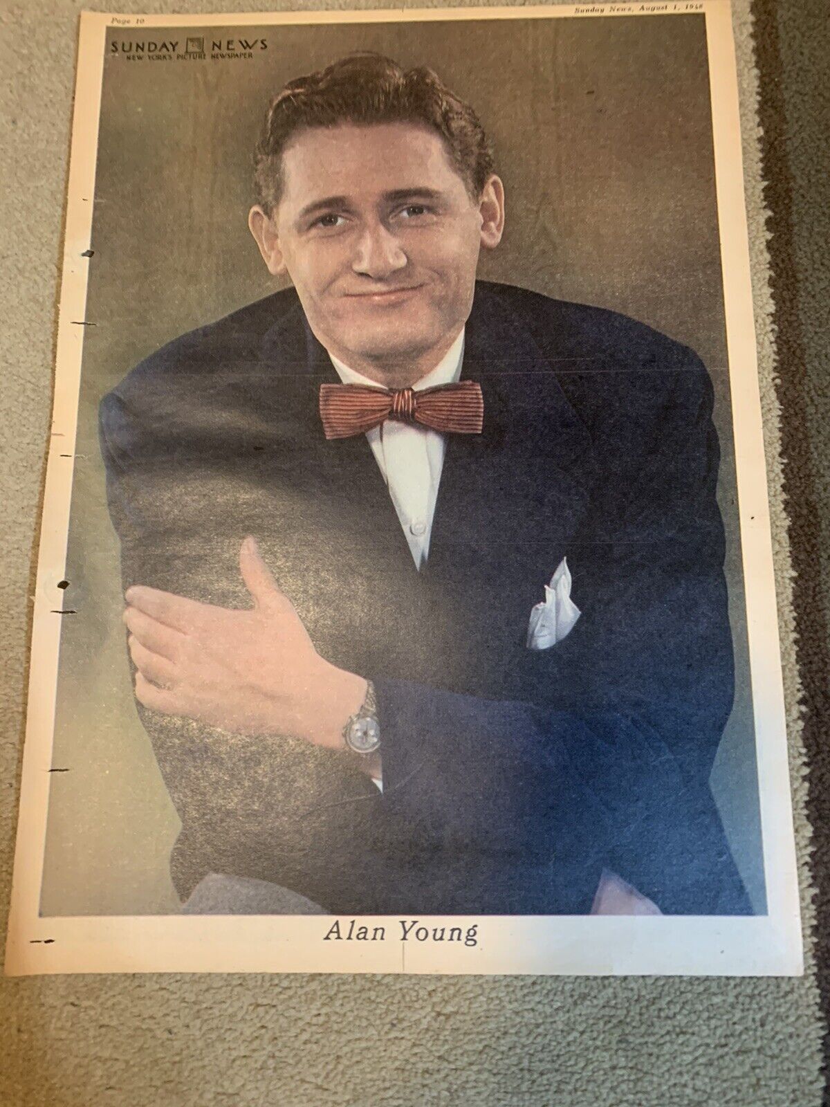 ALAN YOUNG original color portrait SUNDAY NEWS 8/1/48 OLD HOLLYWOOD 10.5X14.5