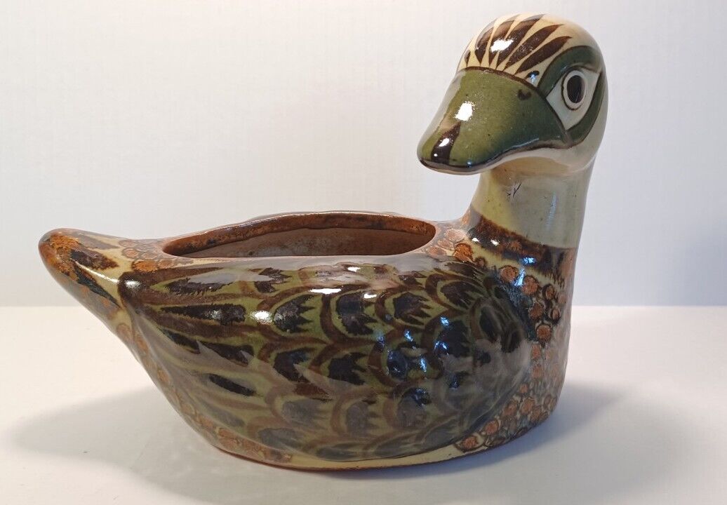 Signed Carlos Villanueva Mexican Folk Art Pottery Duck Bird Planter Pot Tonala