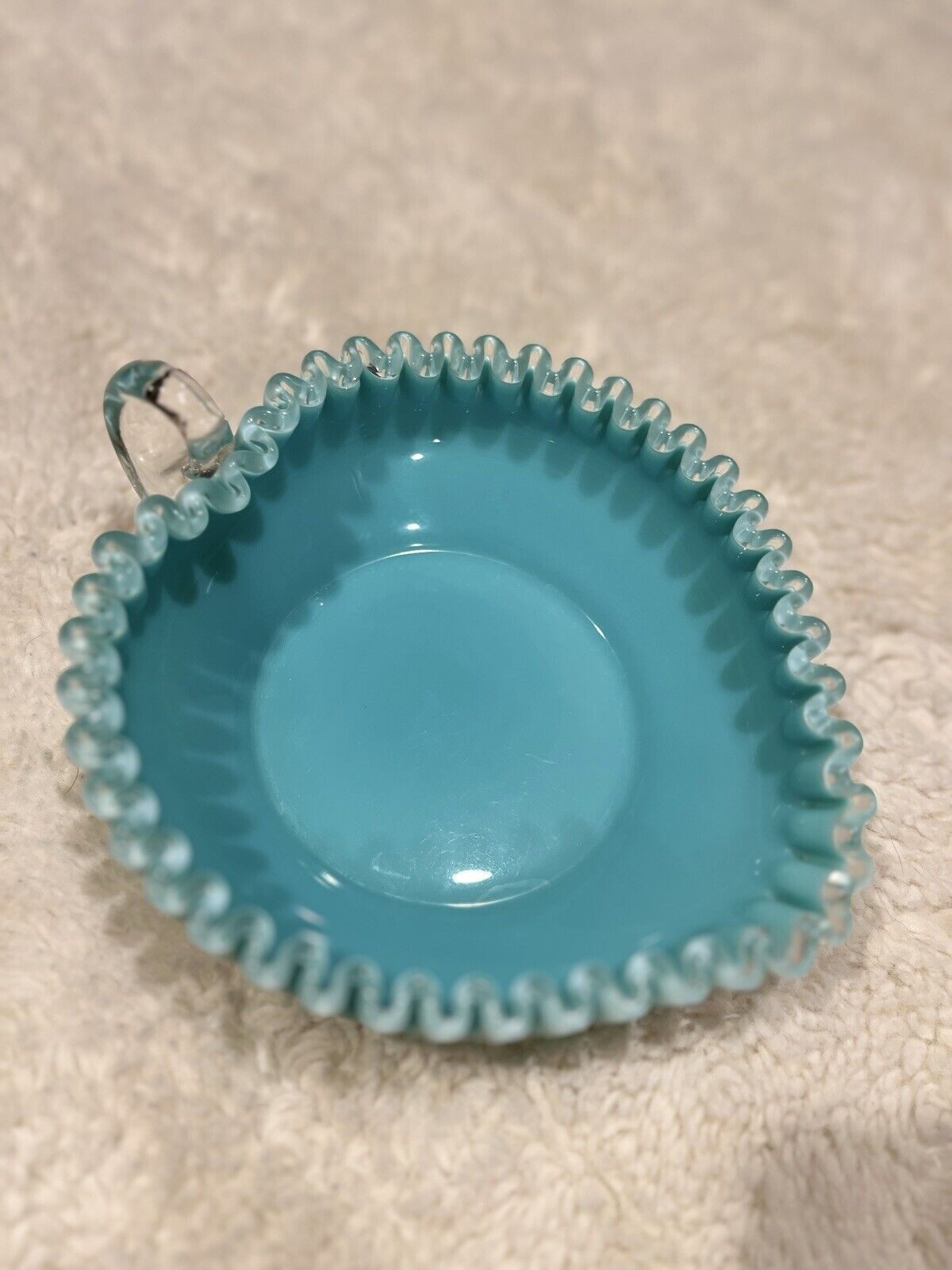Vintage Fenton Turquoise / Aqua Handled Heart Relish / Candy Dish