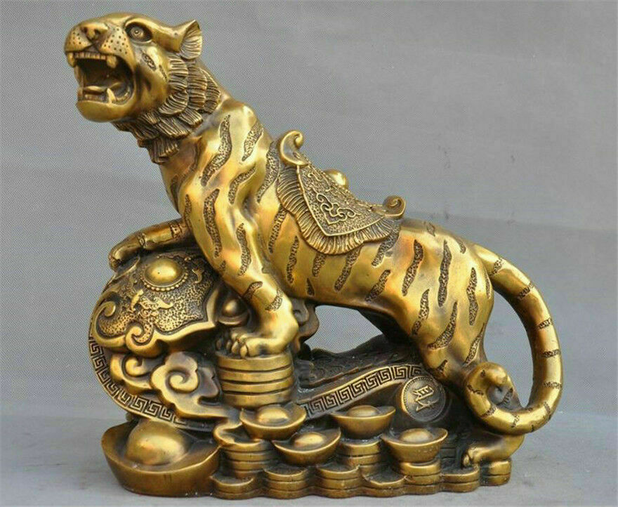 Chinese Feng shui Brass Success Money coin lucky Zodiac Ruyi Tiger beast Statue