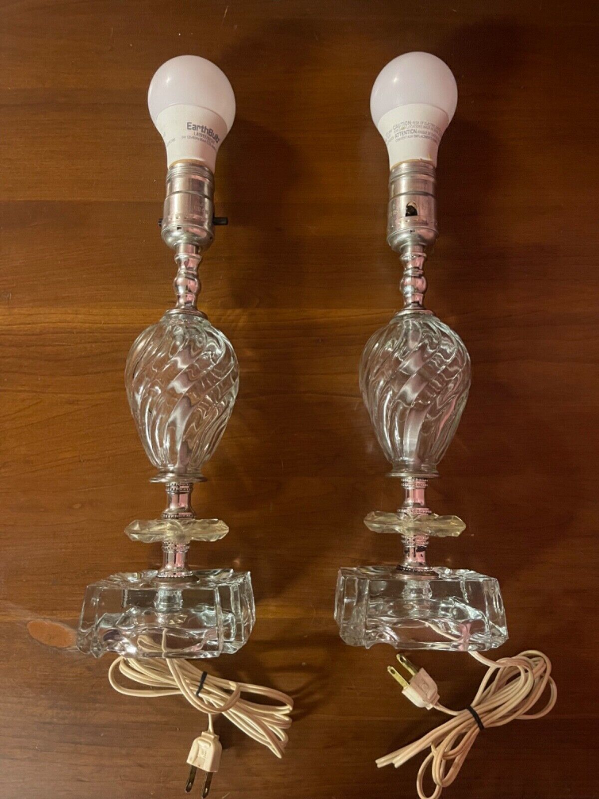 pair or press glass end table lamps VTG MCM