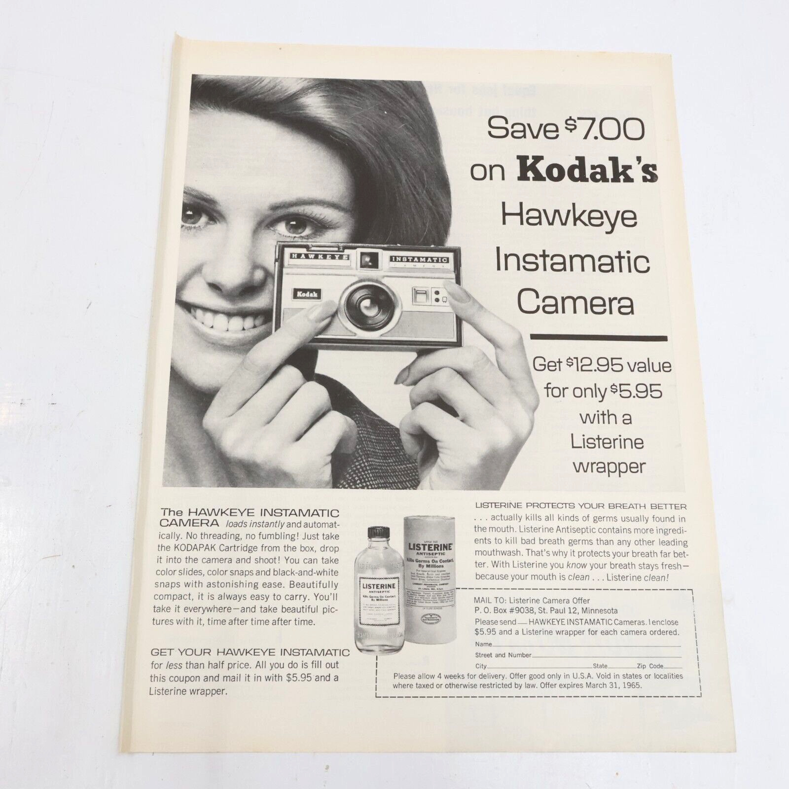 1964 Kodak Hawkeye Instamatic $7 Off with Listerine Wrapper Print Ad 10.5x13.5