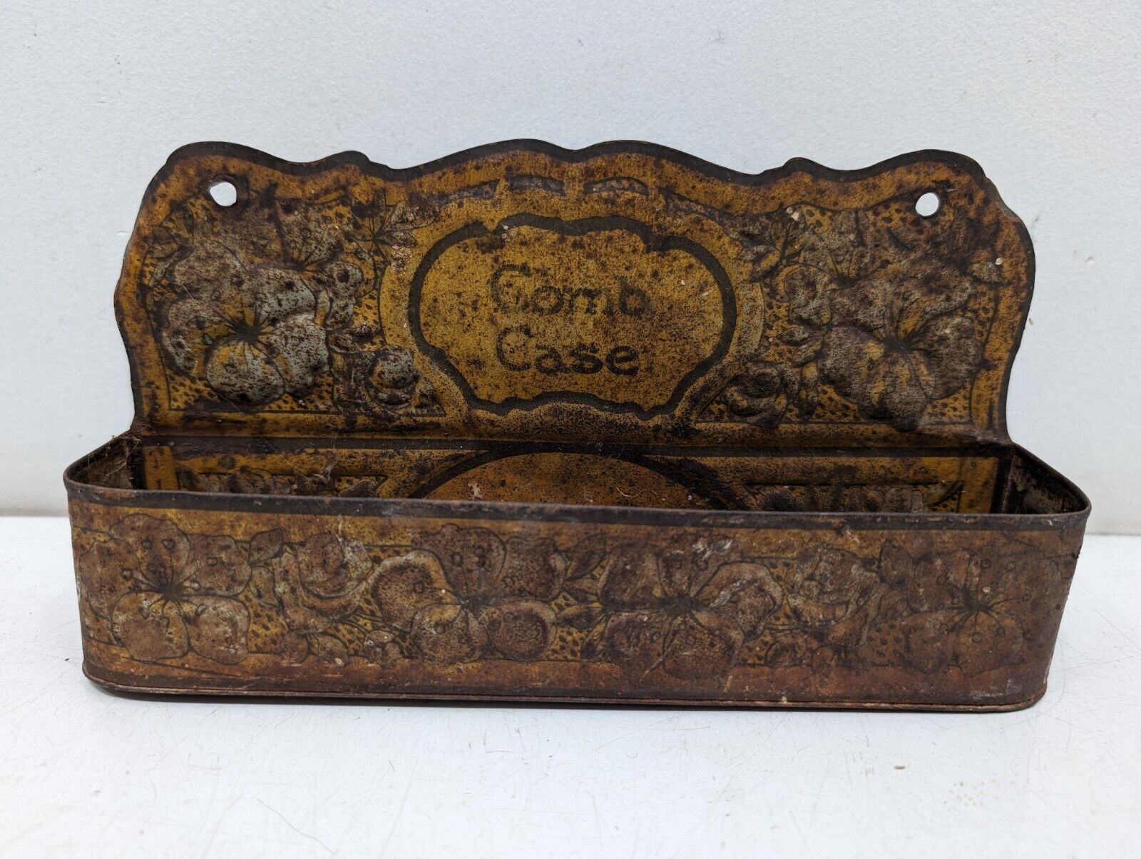 Antique Vintage Victorian Brush Comb Case  Metal Wall Mount Holder Tray Bathroom