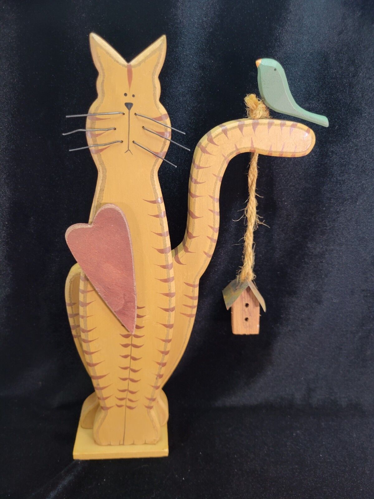 Folk Art Figurine Wooden 12” Cat w/Wire Whiskers, Heart, Bird w/Bird House