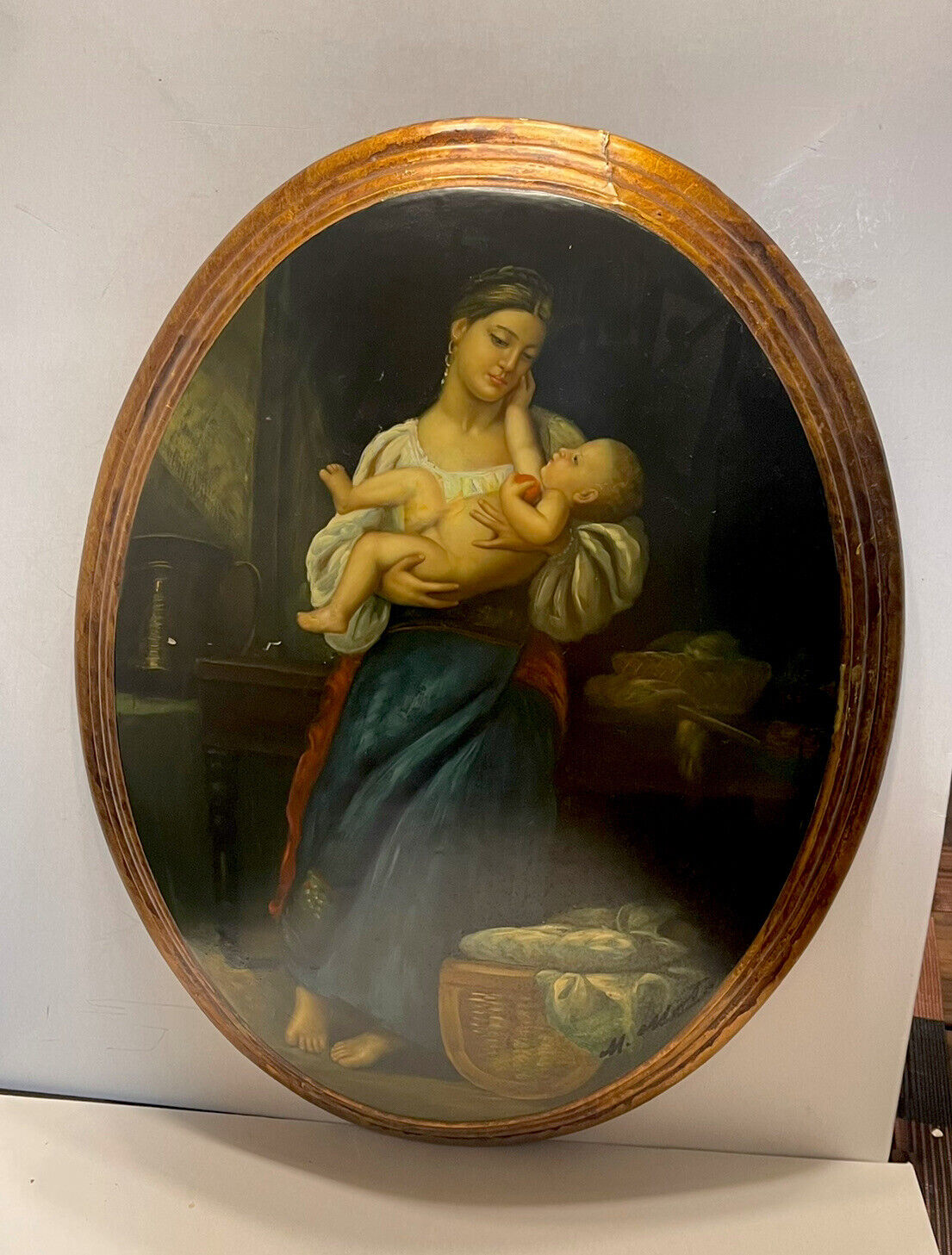 ANTIQUE 1920 ITALIAN Original Solid Wood Portrait Madonna Child Signed