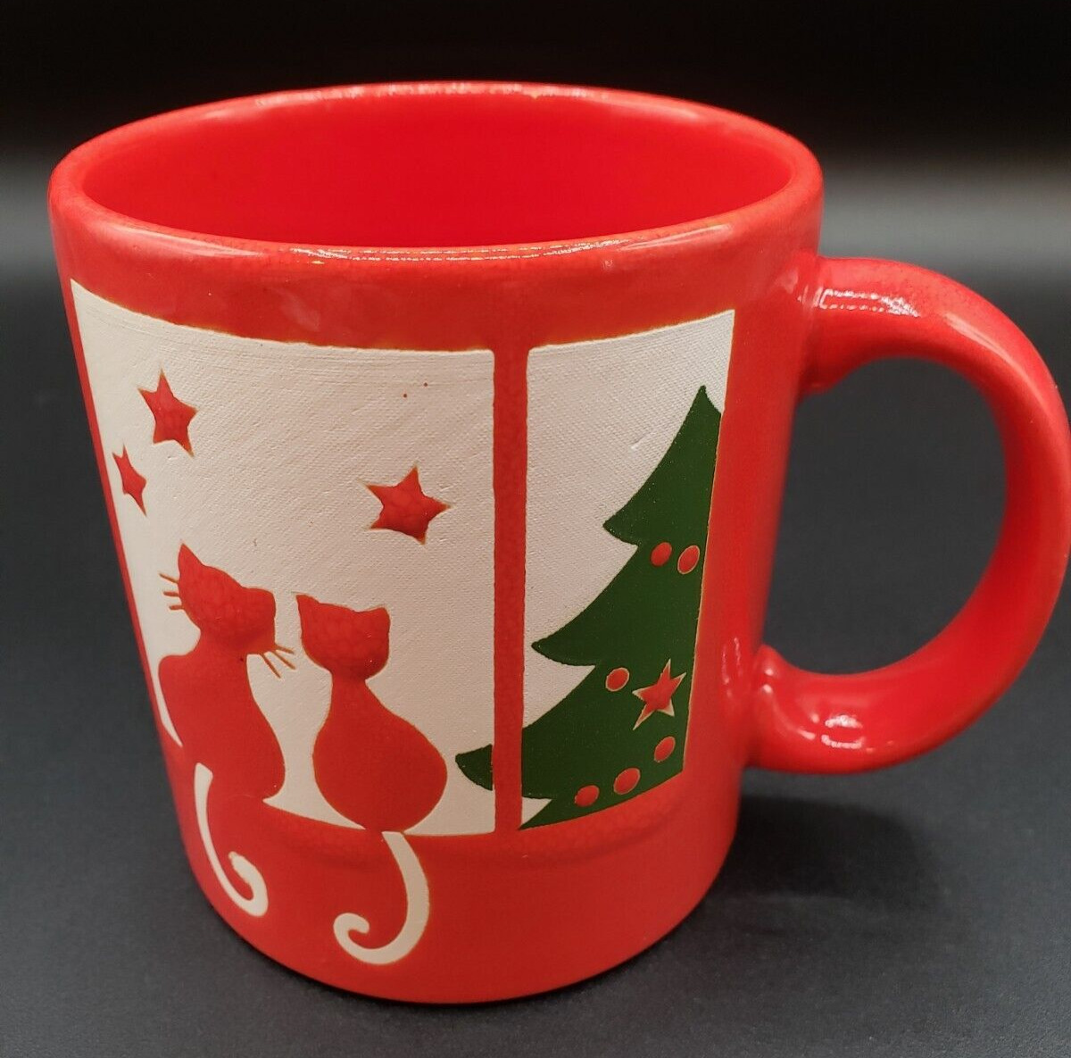 Waechtersbach Germany Red Christmas Tree Cats Stars Coffee Mug Cup White Green