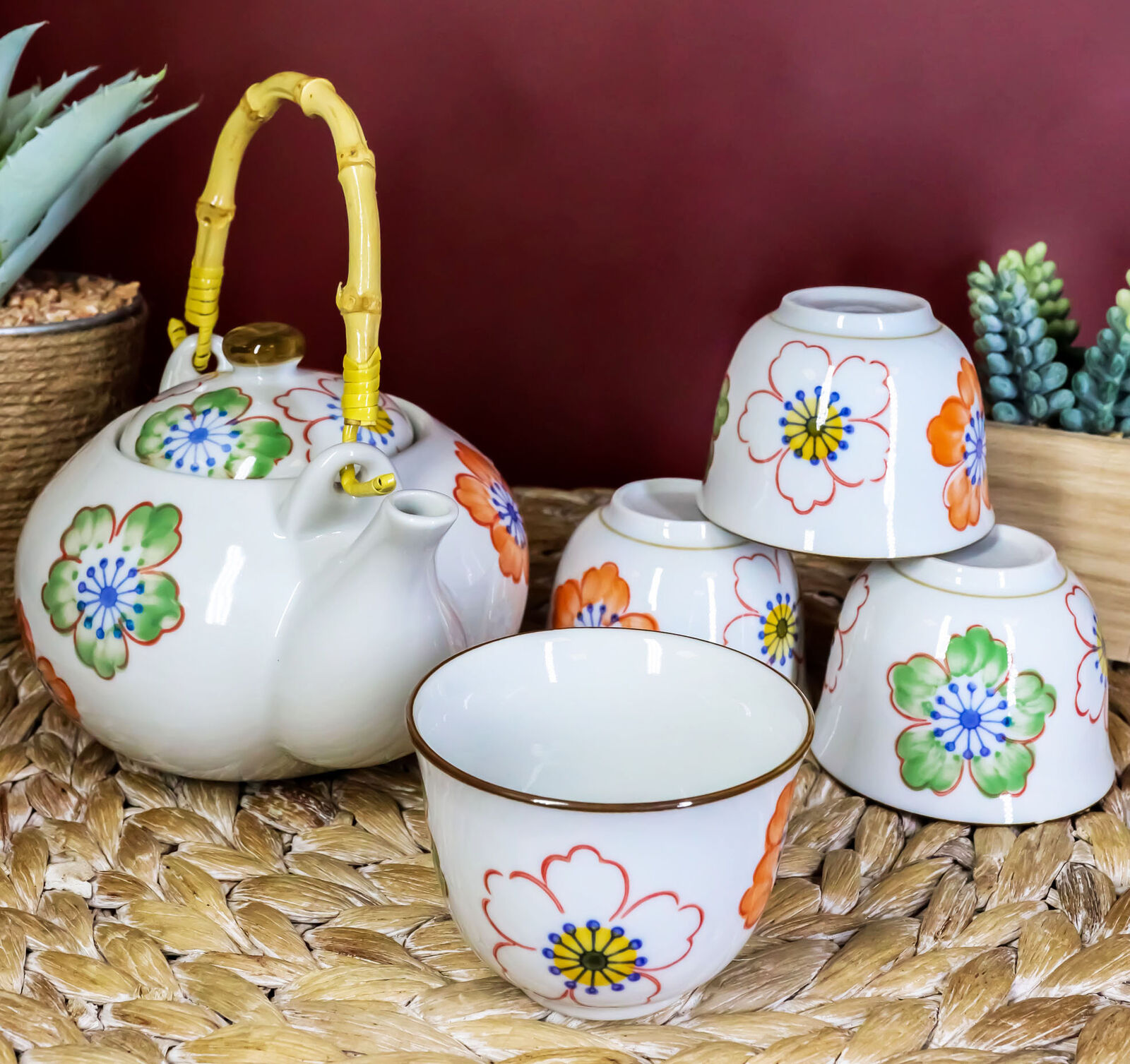 Japanese Design Colorful Botanic Floral Porcelain White Tea Pot And Cups Set