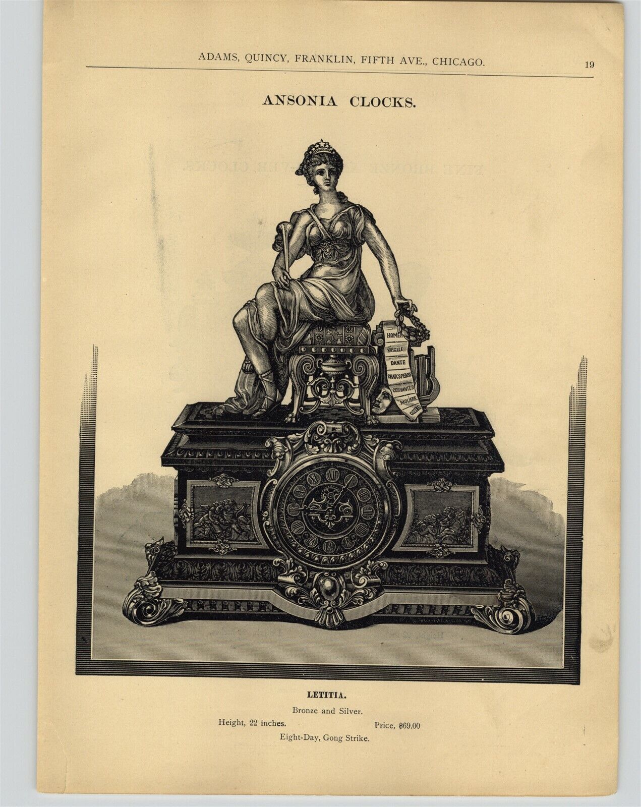 1890s PAPER AD 2 Sided Ansonia Clock Letitia Poet Figural Bronze Silver 