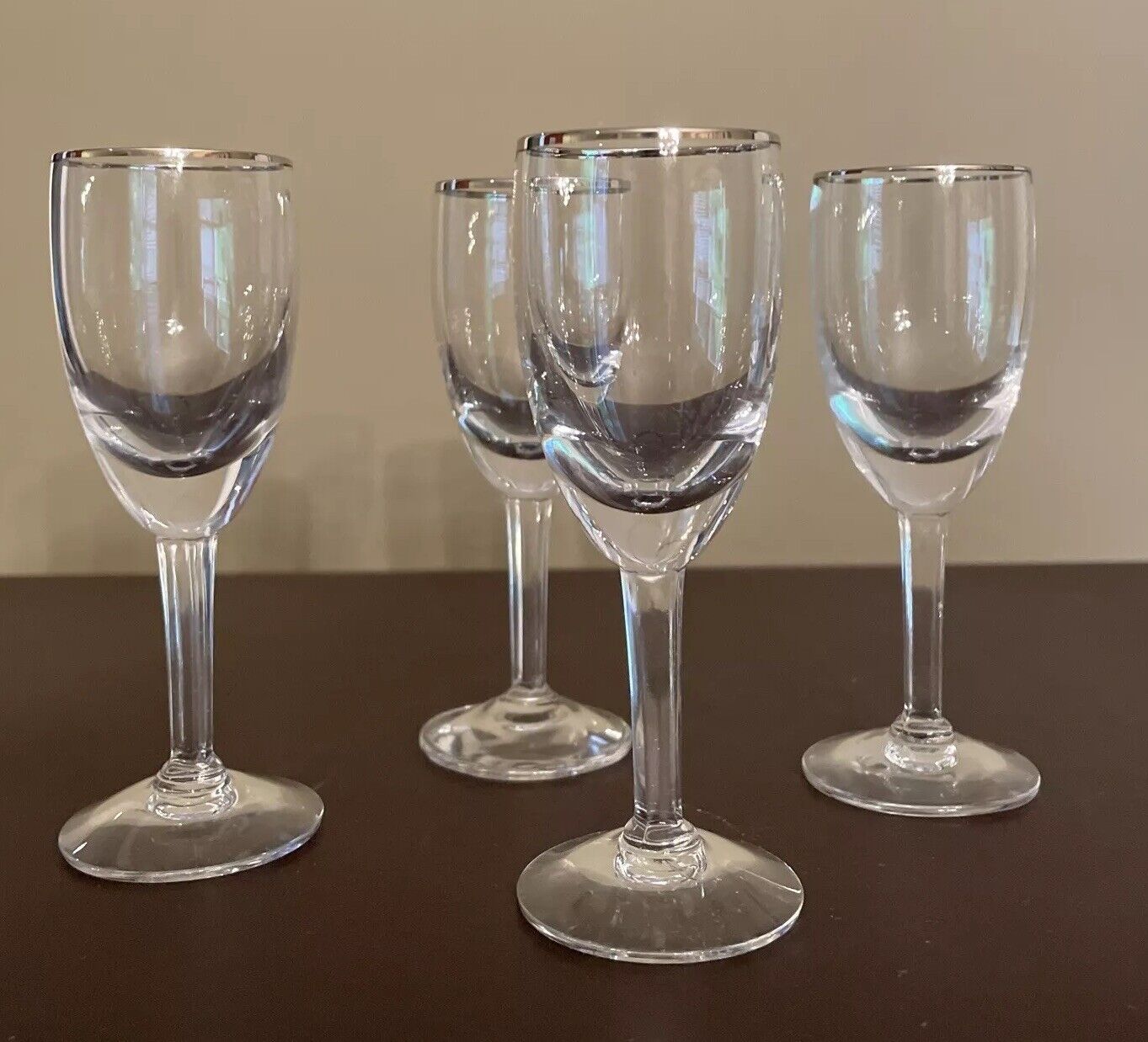 Lot Of 4 Vintage 4” Clear Fostoria  Cordial  Liqueur Glasses With Platinum Rim