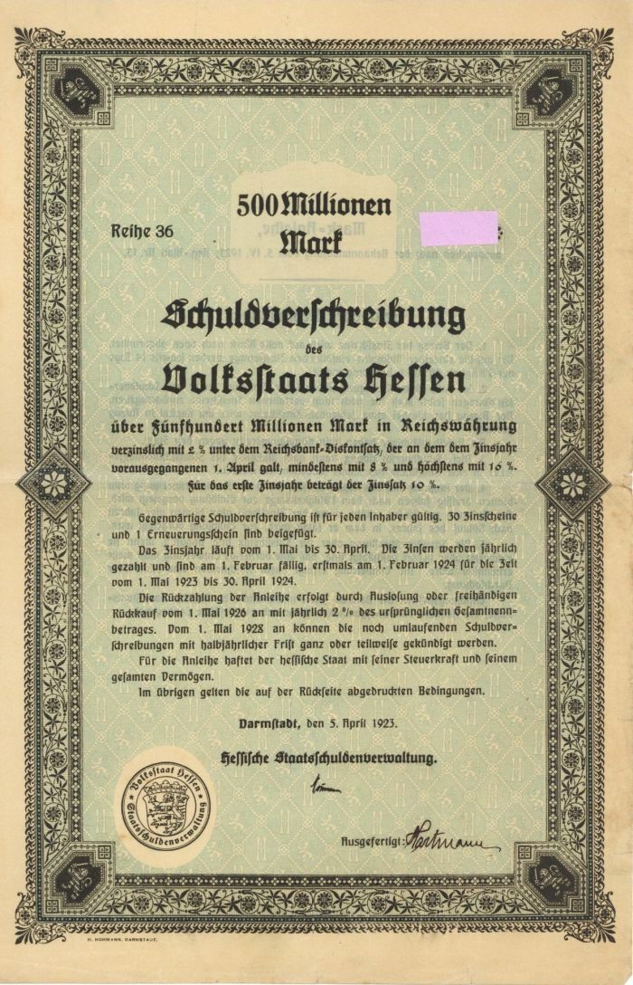 500 or 100 Million Marks - German Bond - Foreign Bonds