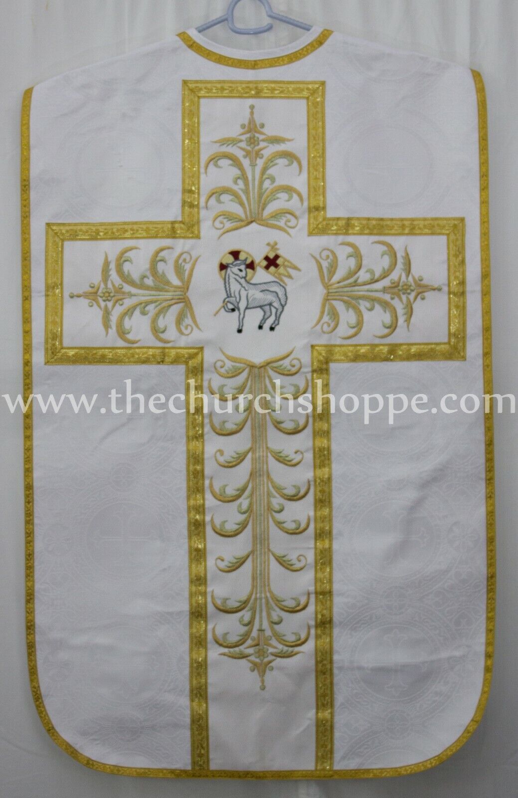 White Roman Chasuble Fiddleback Vestment 5pc set,AGNUS DEI embroidery