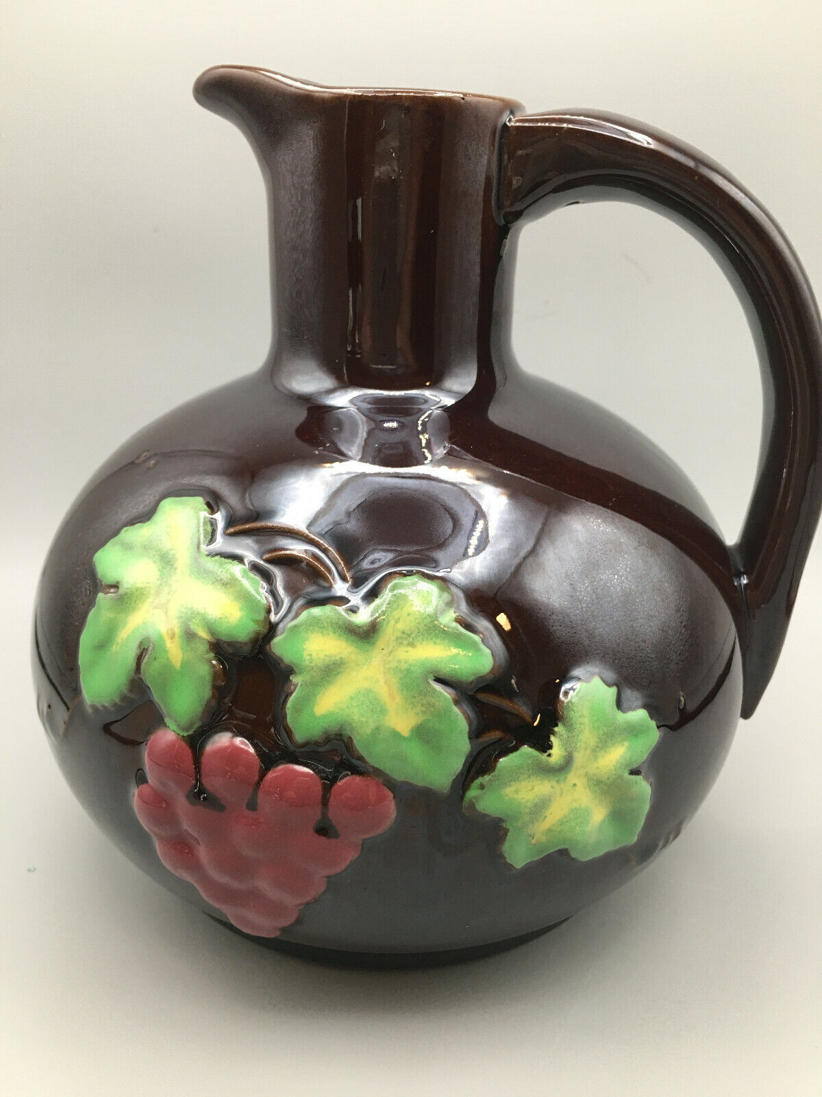 Mid Century Brown Ball Round Ceramic Water Pitcher, Carafe Grape / Leaf design