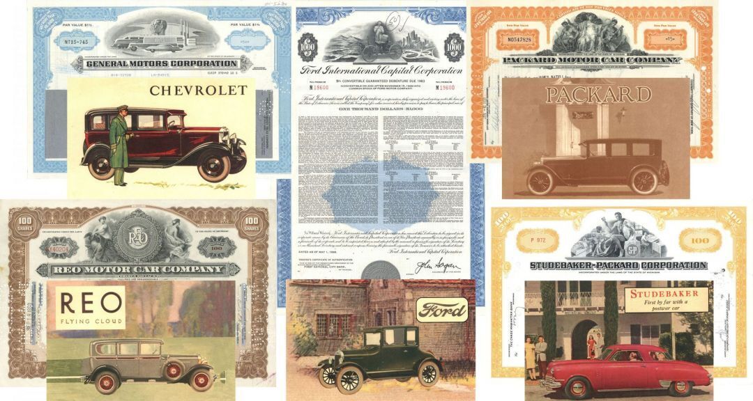 Automotive Set of 5 Automobile Stocks Bonds and 5 Prints - Dated Throughout the 