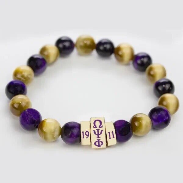 Omega Psi Phi Natural Stone Purple And Gold Bead Bracelet