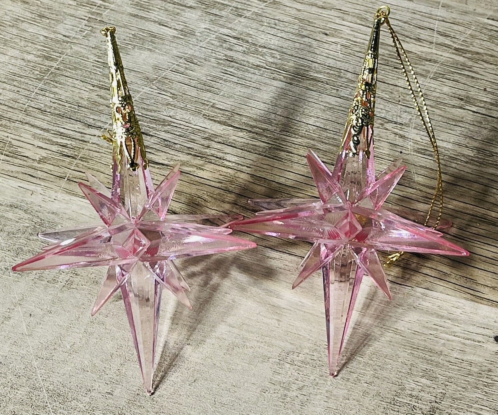 Vintage Lucite Pink Star Christmas Ornaments 4.5” Raz Imports Taiwan Starburst