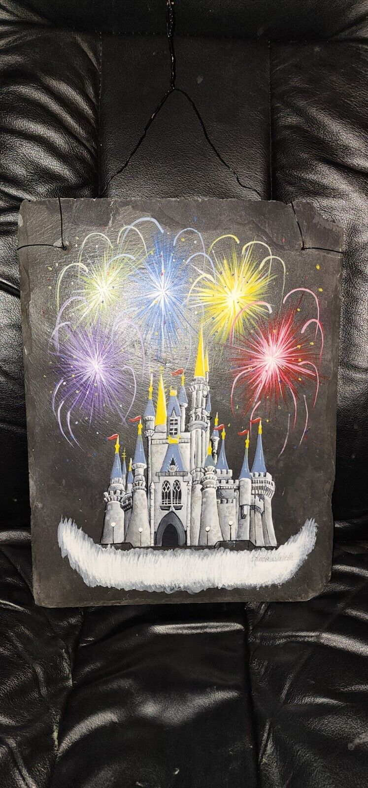 Hand painted Disney Cinderella\'s Castle With Fireworks On Slate Tile