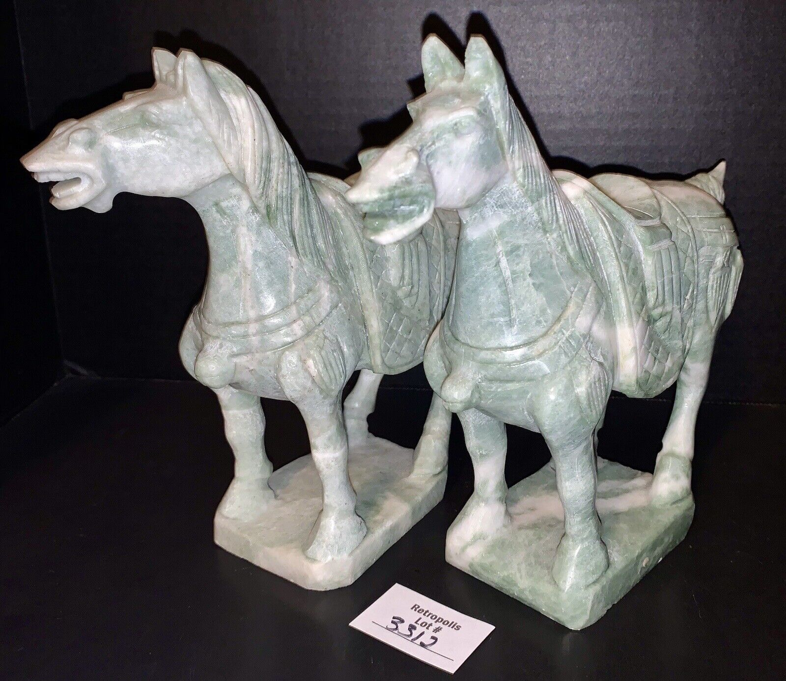 2 Asian Chinese Carved Green Marble Stone HORSE Heavy Sculptures Figurines