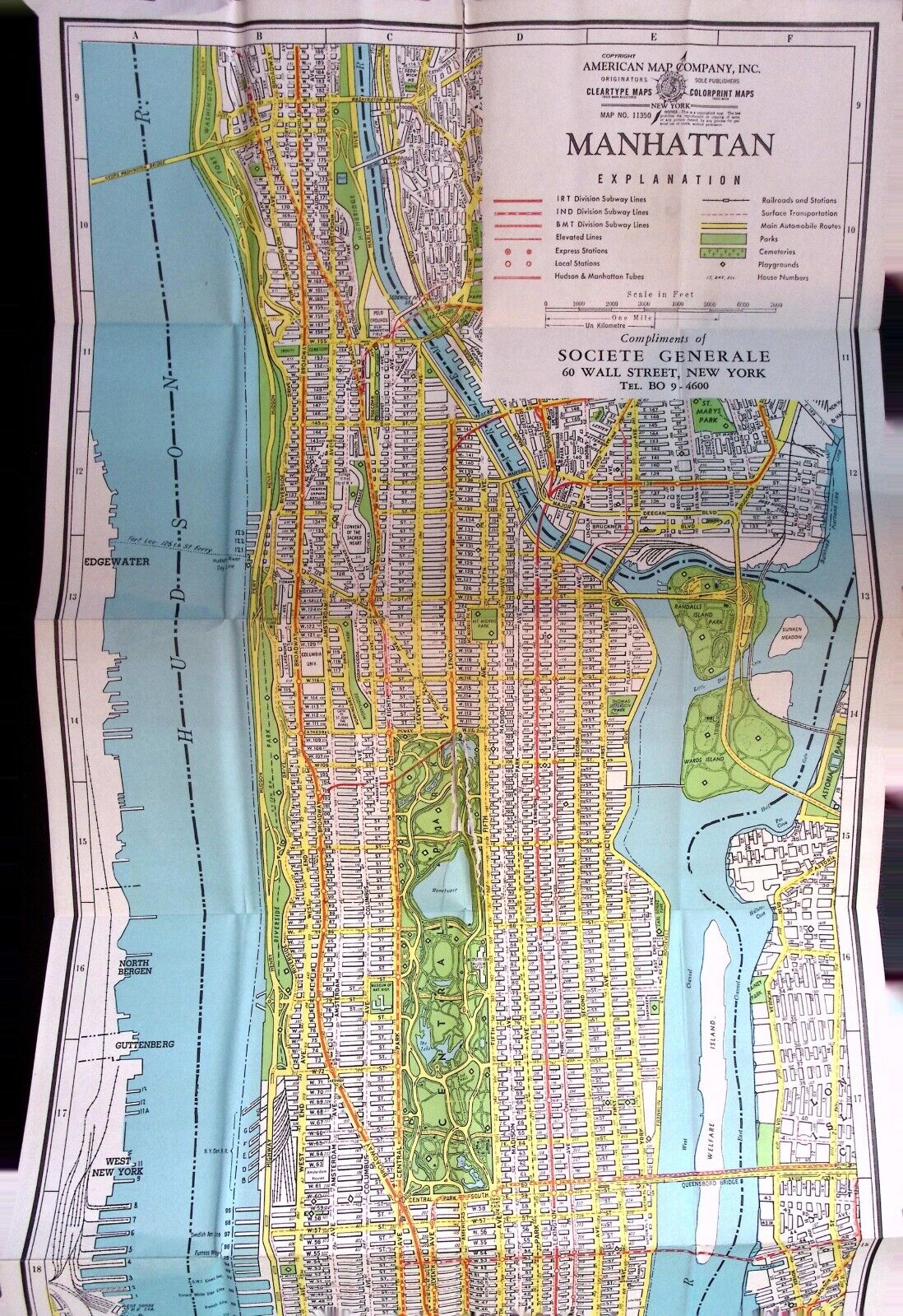 Rare Map of Manhattan New York City Vintage American Map Co Societe Generale