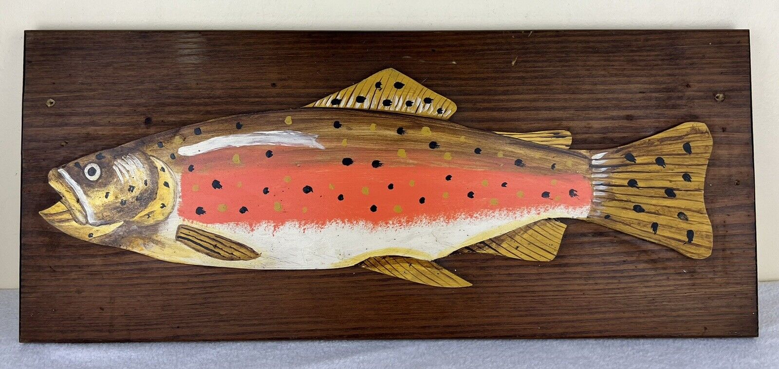 Hand Carved Fish On Wood Plaque 22” Rainbow Trout Hand Painted Cabin Wall Decor