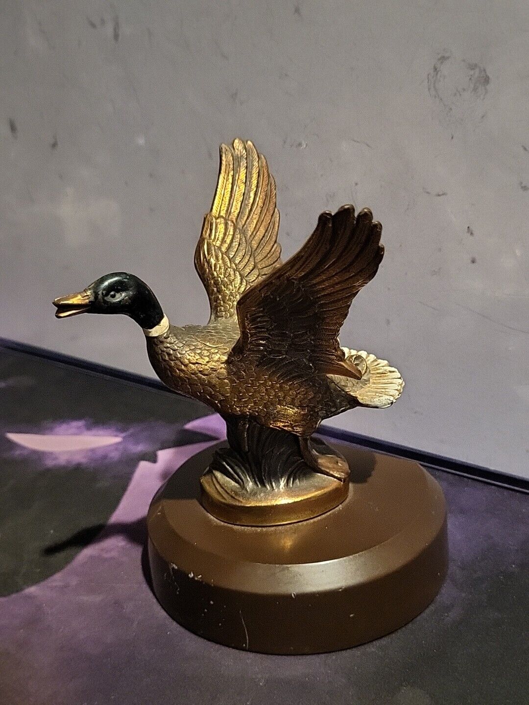 Vintage Solid Brass Mallard Duck Wings Spread Out Figural Statue Hand Painted