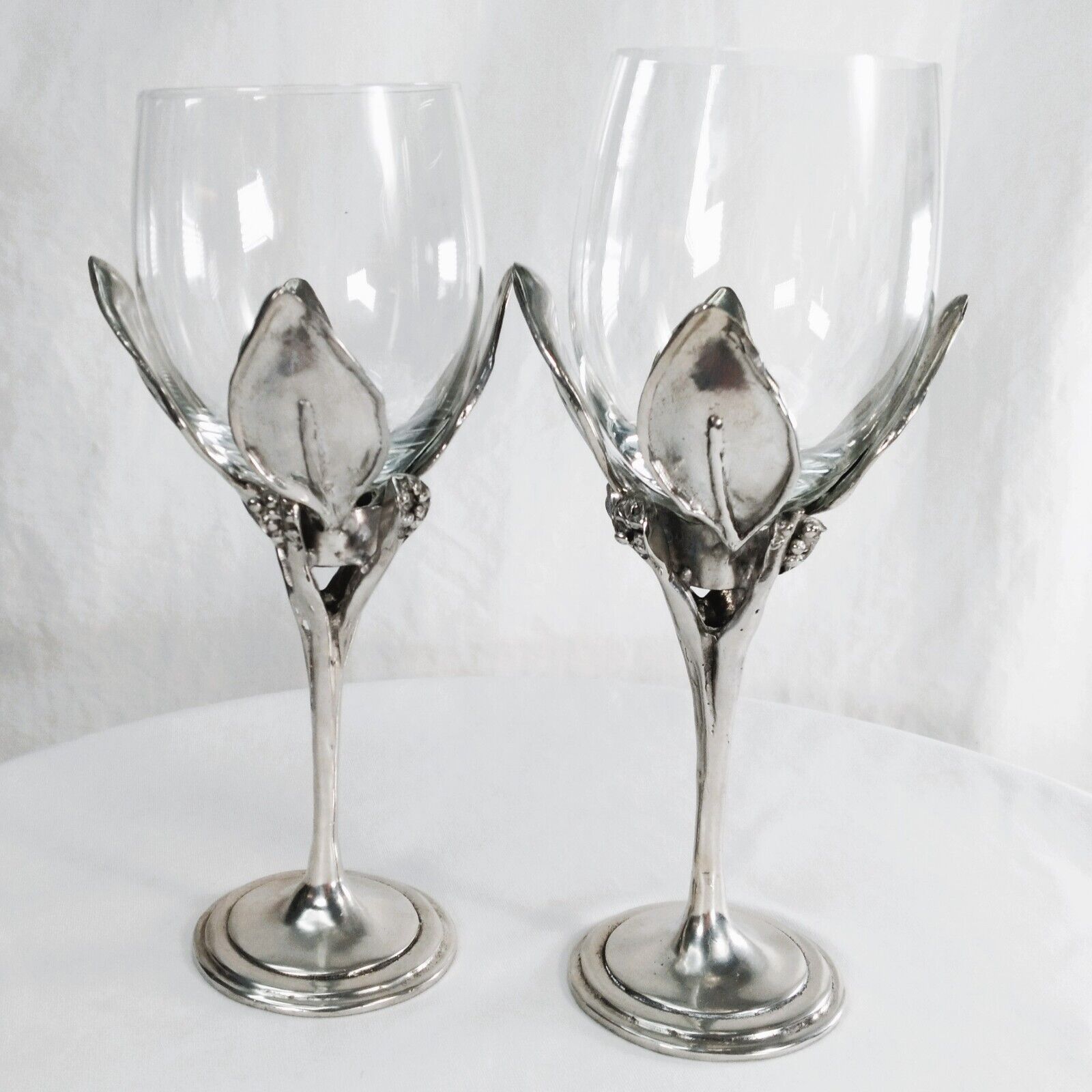 2 Handcrafted Pewter Fruit Vine Stem Leaves with Wine Glass Bowl Inserts 8 Oz