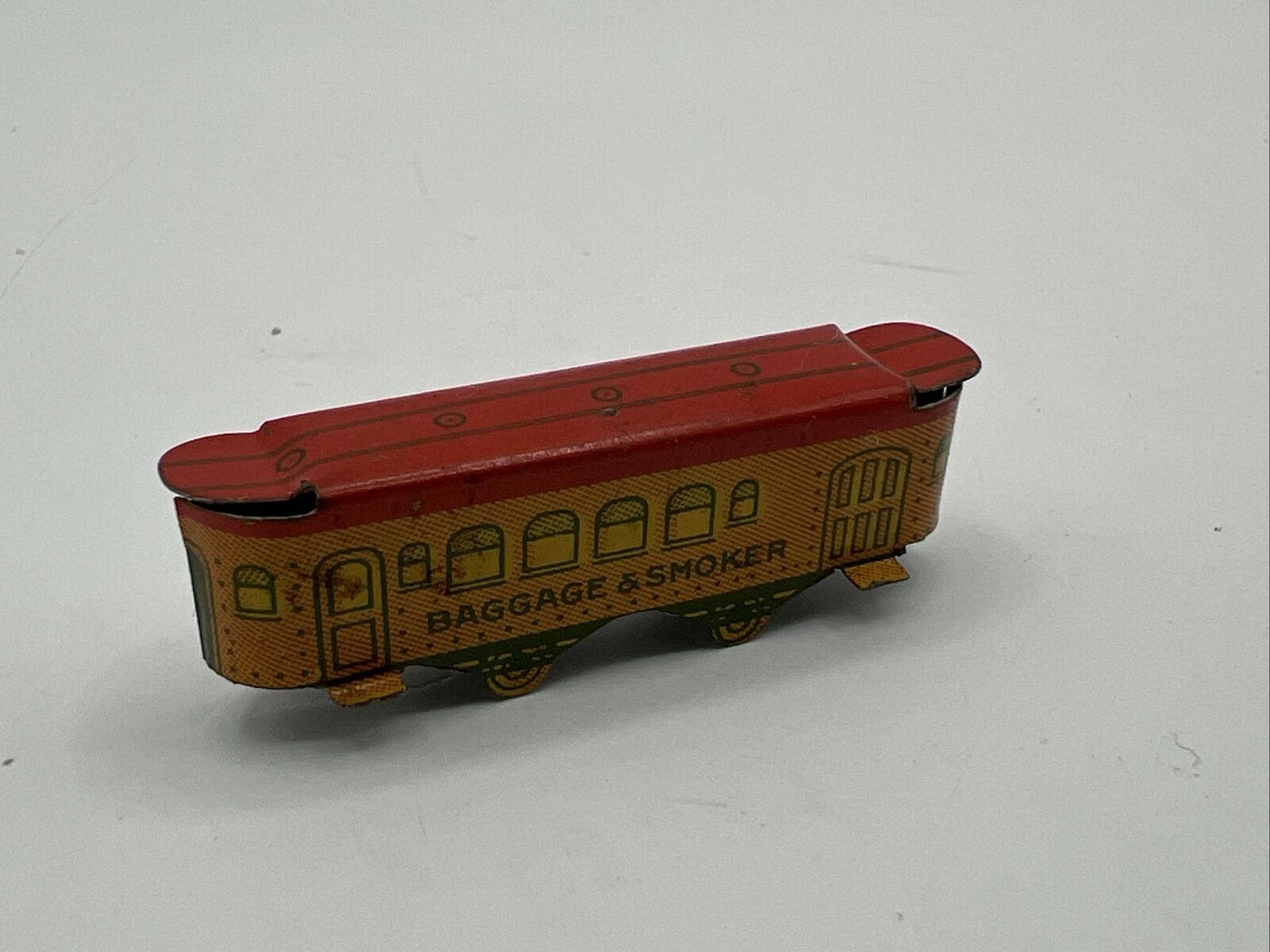 Rare Cracker Jack prize tin litho toy train car Baggage & Smoker