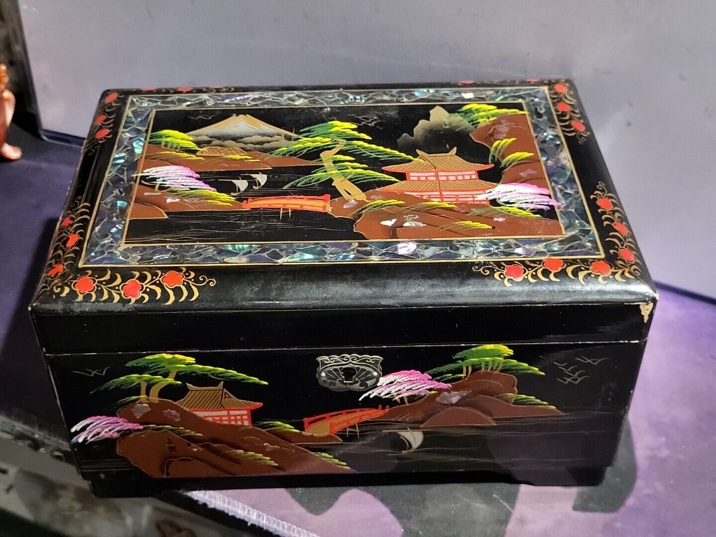 Vintage Black Lacquered Music Jewelry Box, Abalone Inlay  Japan  