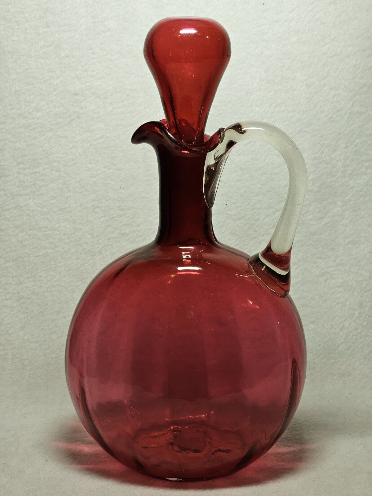 Antique Victorian Cranberry Glass Handled Decanter With Ground Pontil 