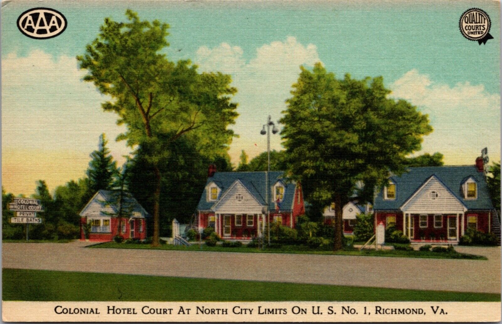 Linen Postcard Colonial Hotel Court on U.S. No 1 in Richmond, Virginia