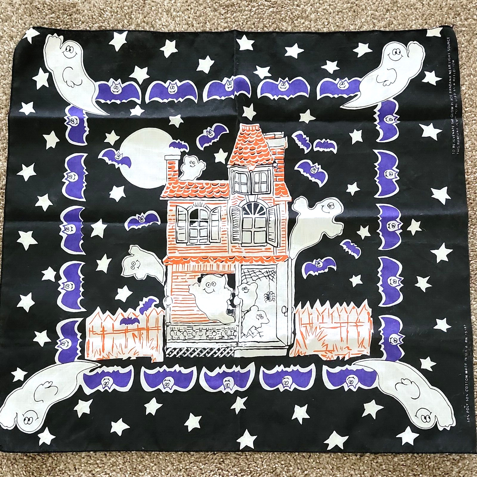 Vintage Haunted House Glow In The Dark Bandana Made in USA