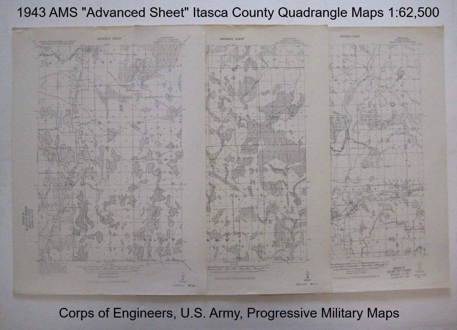 3 US Army Map Service 1943 AIRFIELD SURVEY Quadrangles Itasca County Minnesota