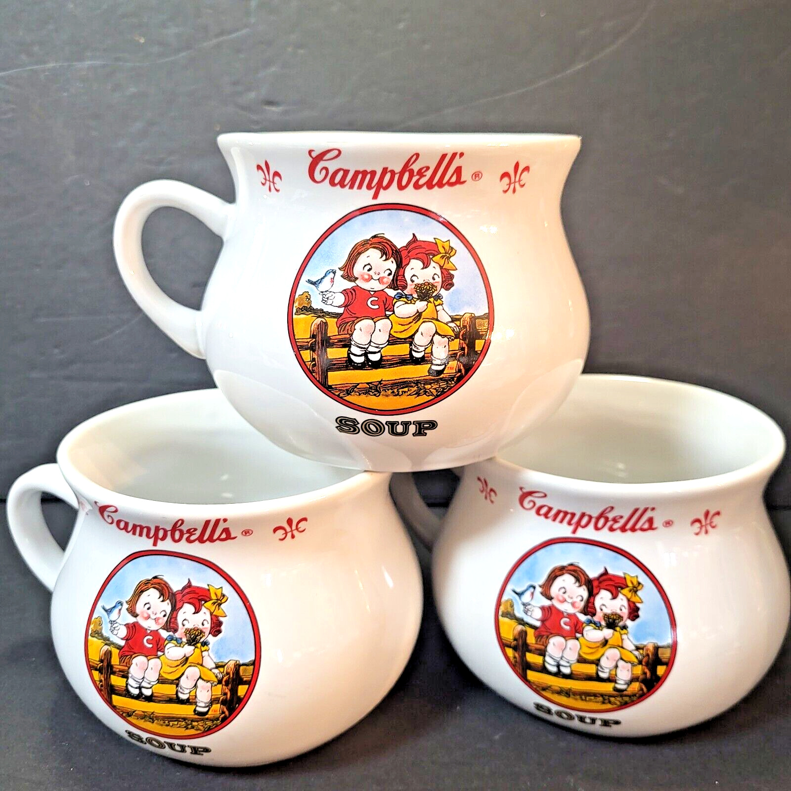 Set Of 3 Jumbo Campbell's Soup Mugs Cups Bowls Ceramic 2000 Boy Girl On Fence 