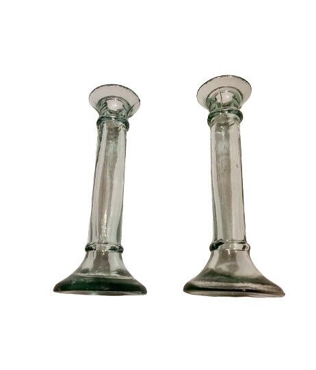 Pair of Collectible  Vintage Aqua Sage Green Glass Candle Sticks