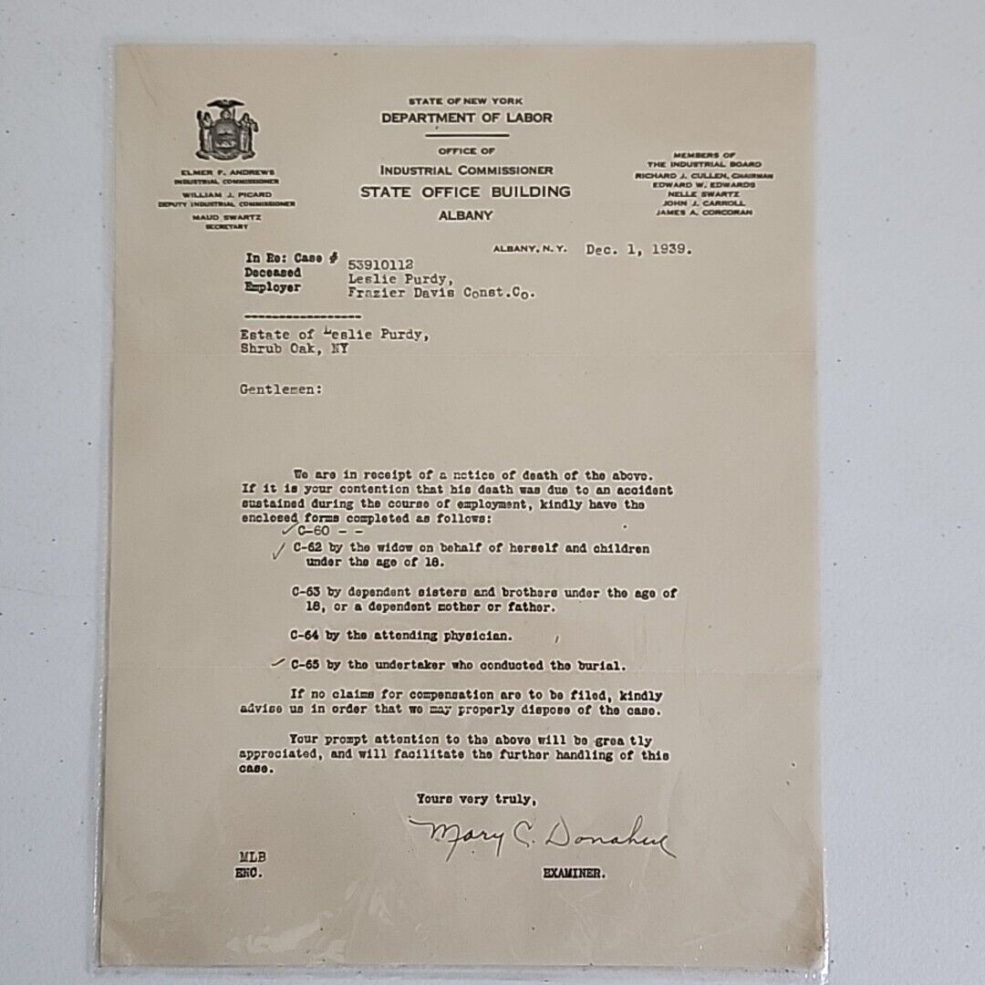 1939 Vintage Department Of Labor Letterhead Industrial Commissioner Examiner