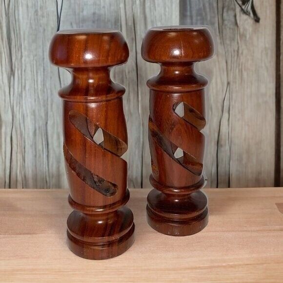 Dark Wood Twisted Tapered Candle Holders Pair Boho Dining Table Decor Vintage