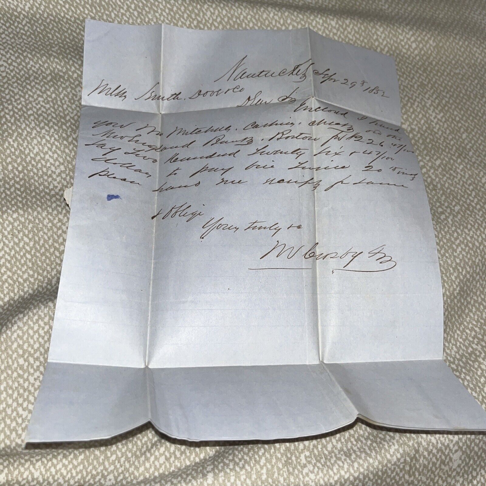 Antique 1852 Pre Civil War Era Letter from Nantucket Massachusetts to Andover